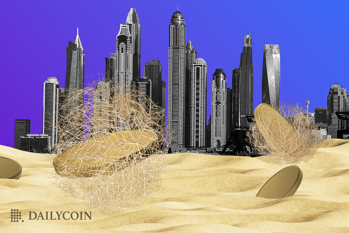 dunes and dead tumbleweed rolling around in the foreground of the Dubai skyline