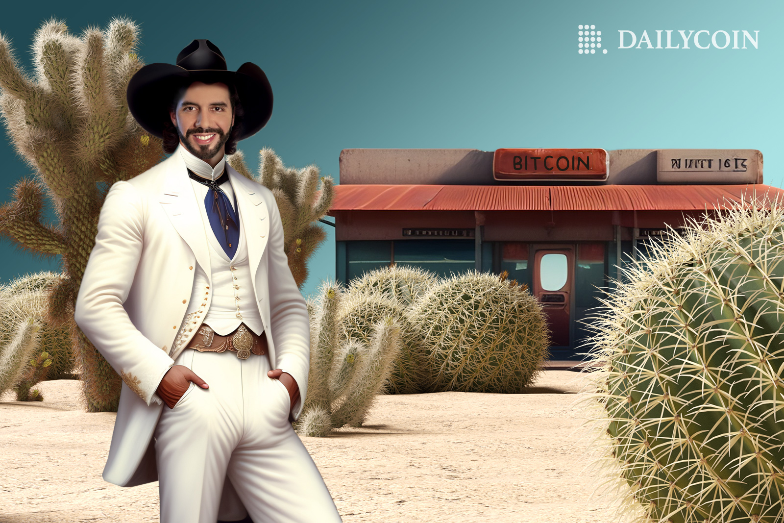 Bukele wearing a white tuxedo and a cowboy hat standing next to a cactus in Texas,
