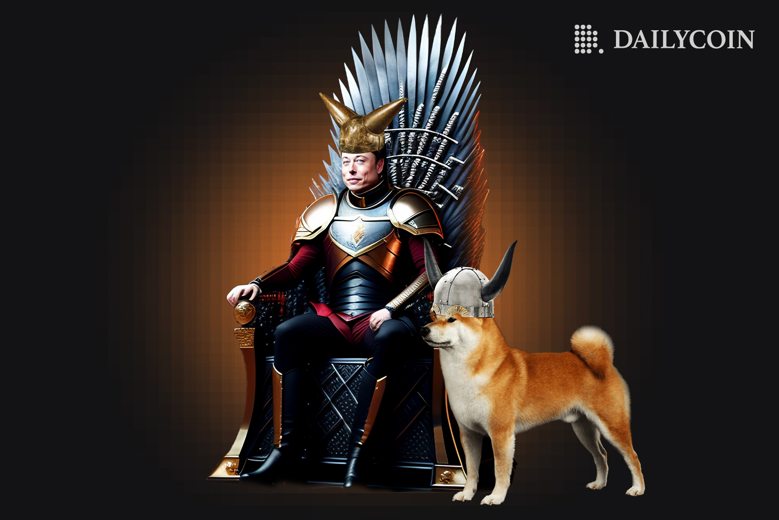Billionaire Elon Musk sitting on a throne with a horn helmet, as a Shiba Inu dog is ready to take over the throne.