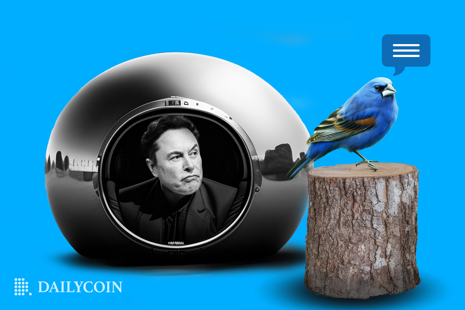 Elon Musk staring at blue bird tweeting on top of a stub.