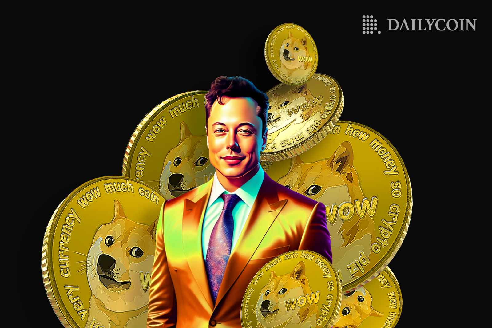 Elon Musk wearing golden suite surounded by dogecoins.