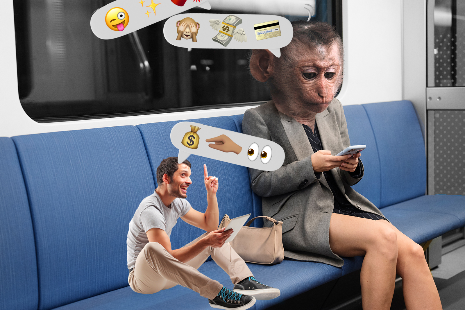 Person with monkey head and a small man are sitting in a bus, giving financial advice through emojis.