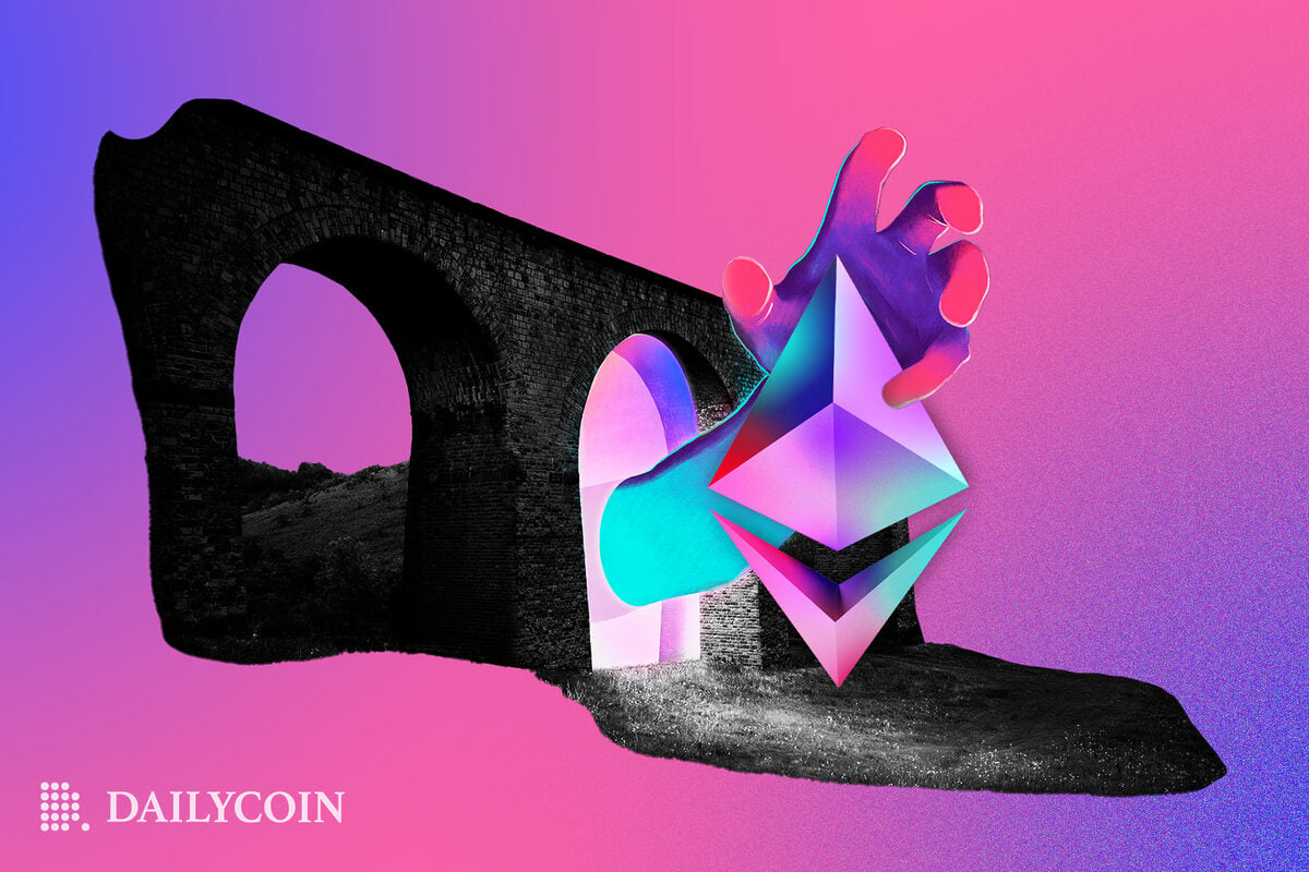 A hand grabs the logo of Ethereum through a portal inside of ruins.