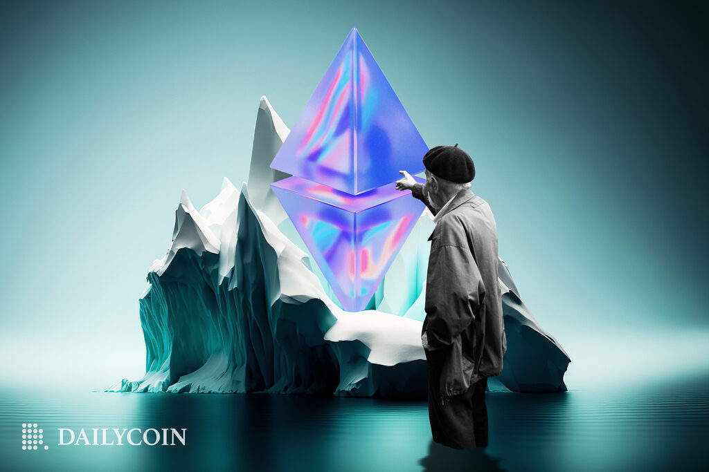 Elder man standing and pointing toward a big Ethereum Logo nestled between an iceberg