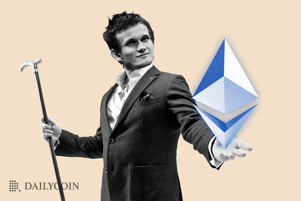 Vitalik Buterin with a suit holds Ethereum in hand