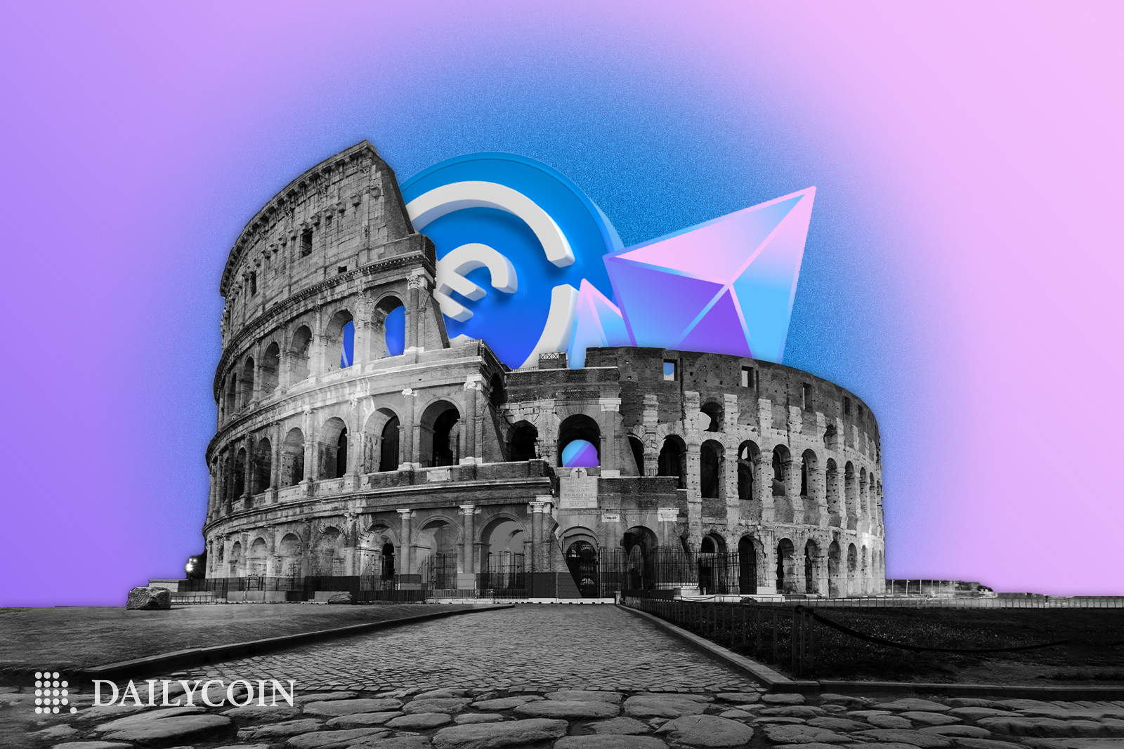 the colosseum in rome italy with ethereum and Coinbase token in it