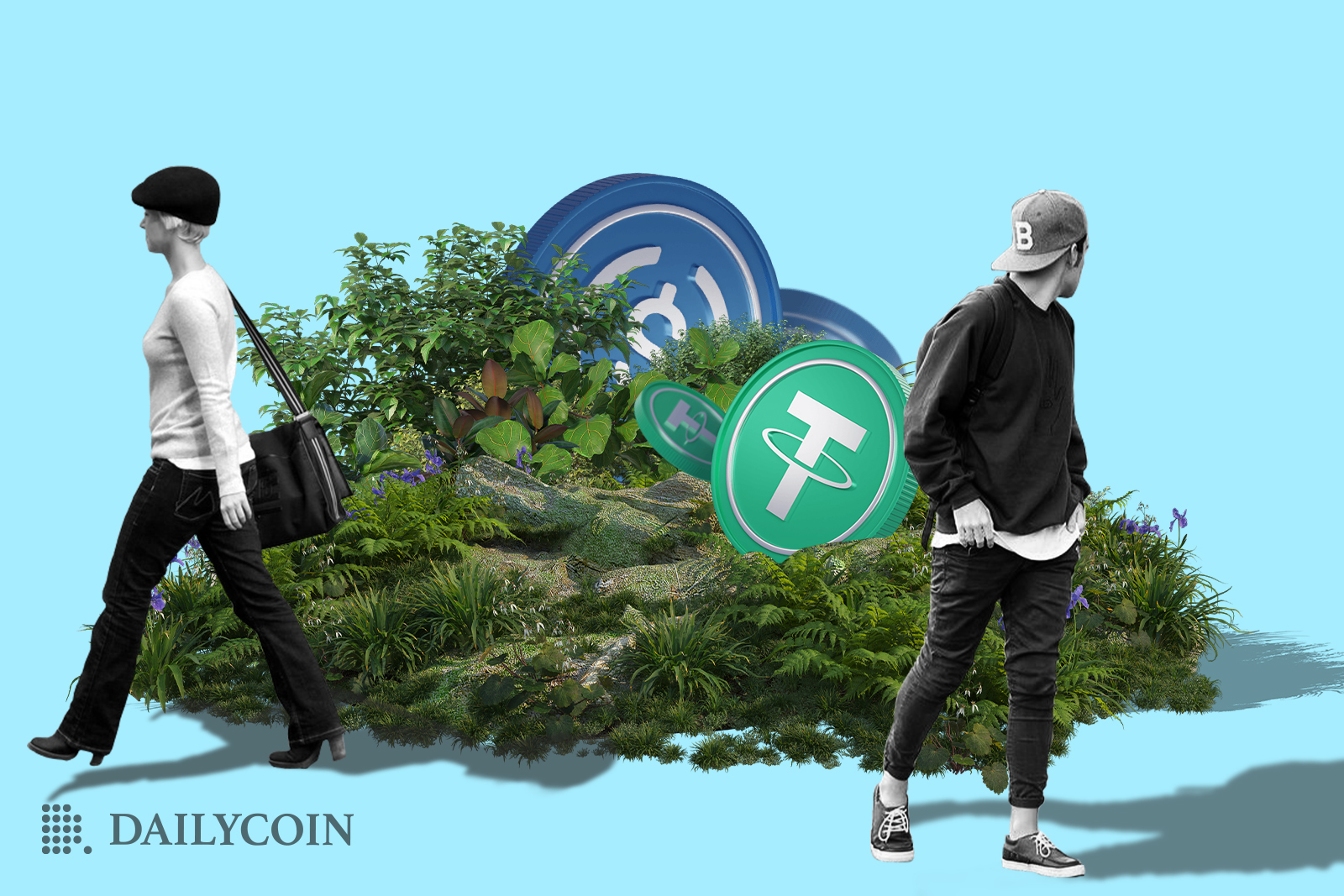 One person walking past stablecoins in a bush completely ignoring them while another person is looking back towards them, almost implying they have been forgotten