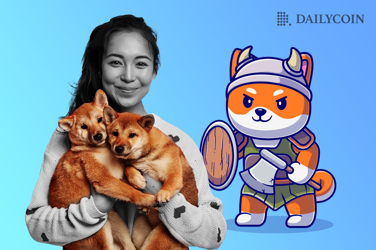 A girl is holding two Shiba Inu puppies, while Floki cartoon dog stands aside and wants to join the fun.