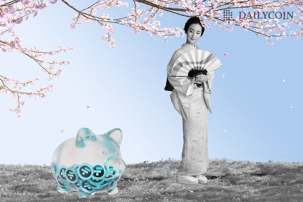 Geisha standing bellow blooming Sakura tree next to a piggy bank full of FTX tokens.