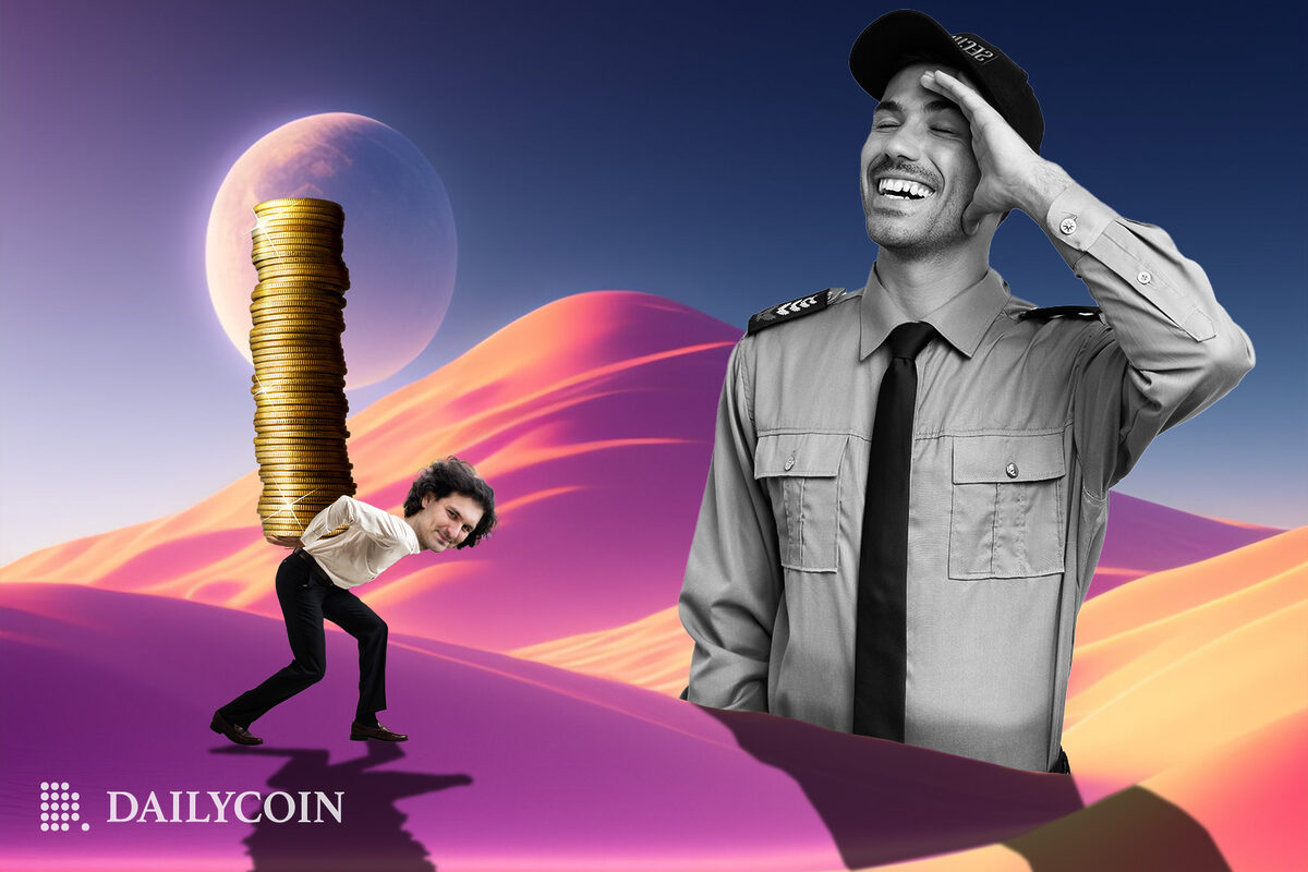 SBF carrying coins in the desert, as policeman watches.