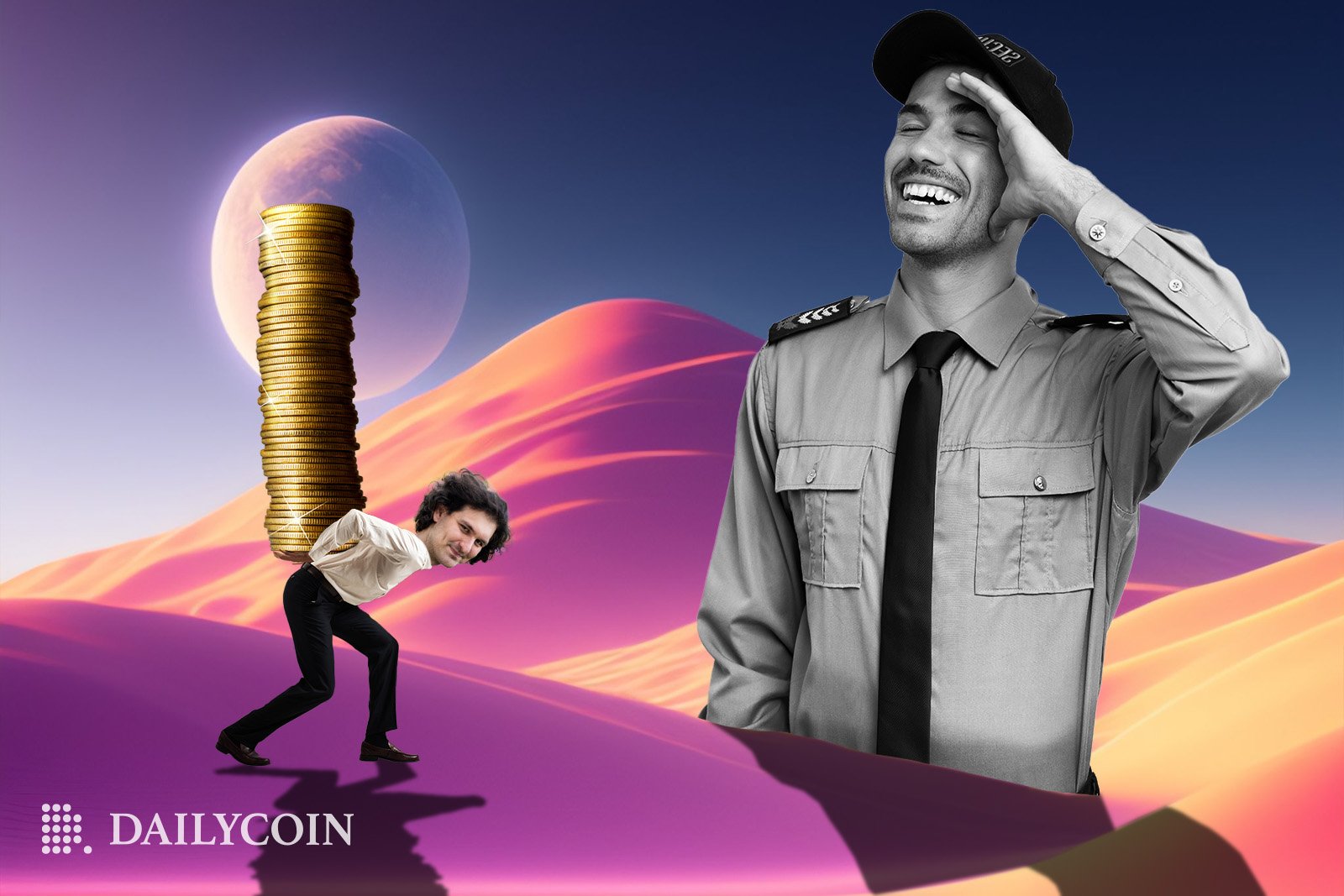 SBF carrying coins in the desert, as policeman watches.