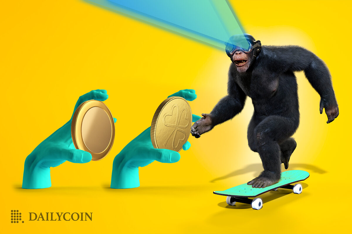 Monkey riding a skateboard through hands holding crypto coins.