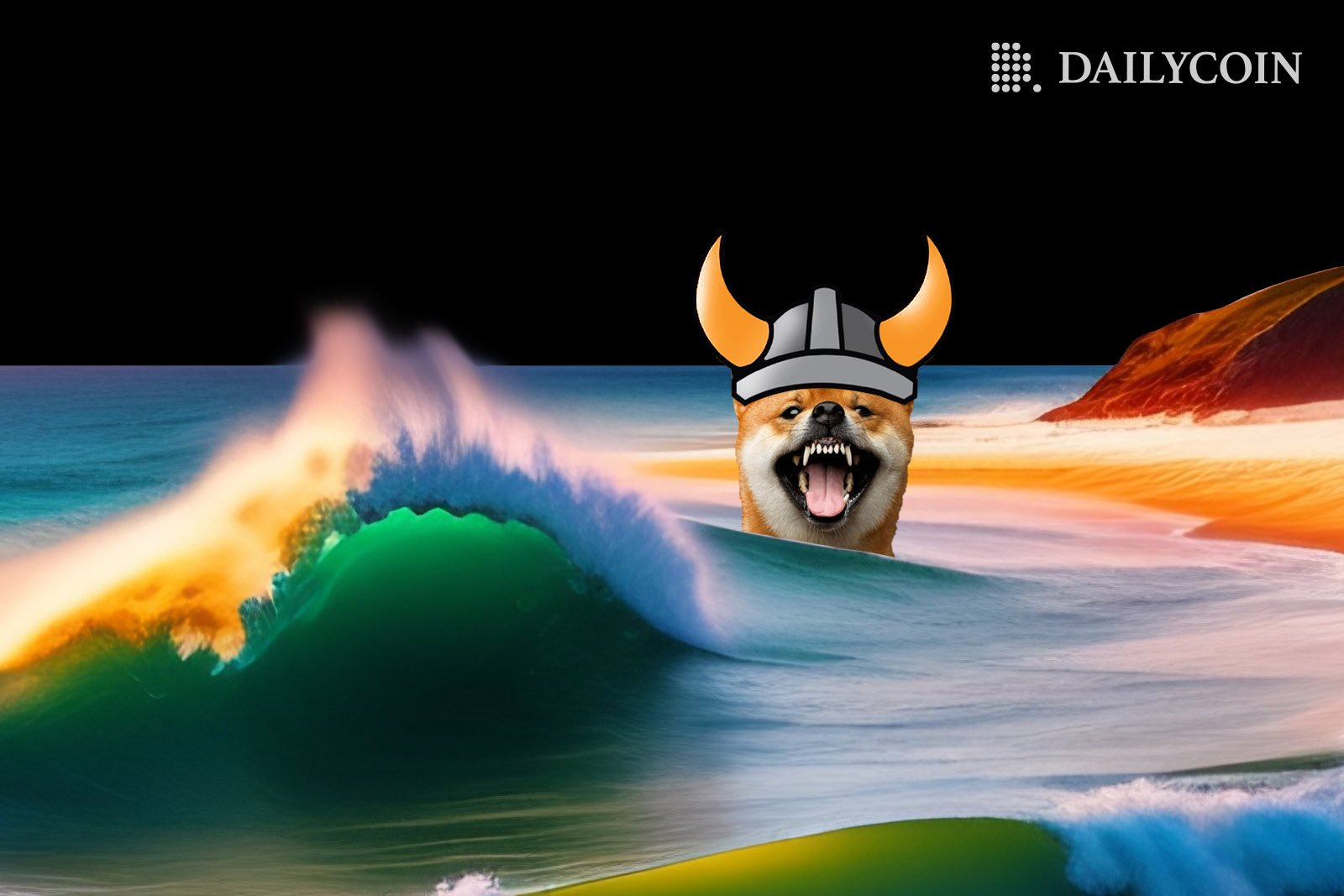 Floki mascot Shiba Inu dog with Viking horns emerging from the sea and showing sharp teeth.