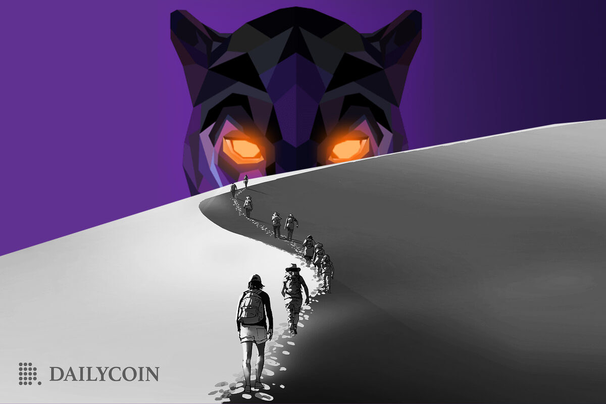 People walking in a desert towards a huge purple panther.