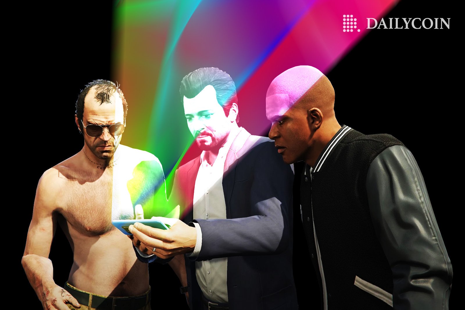 Trevor, Michael, and Franklin from GTAV using a smartphone looking at GTA6 NFTs.