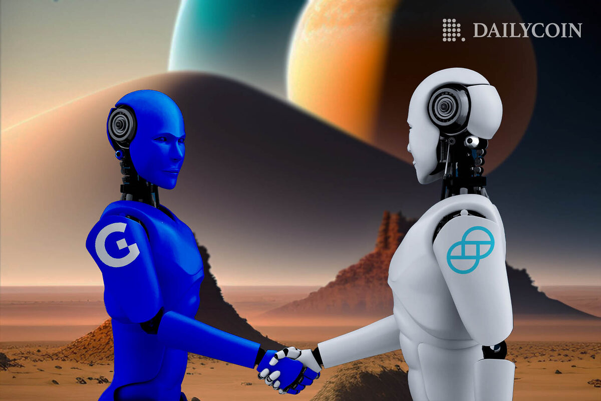 Genesis and Gemini robots shake hands in the foreign planet.