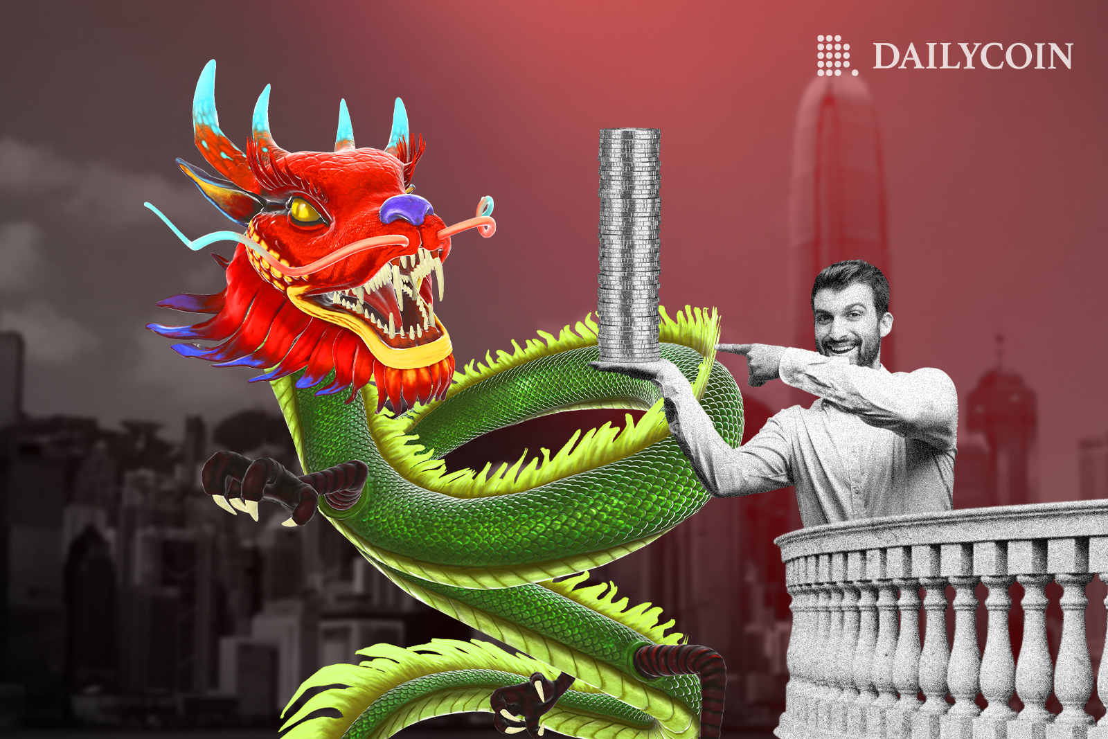 A man on the balcony holding neatly stacked crypto coins in front of a dragon in Hong Kong.