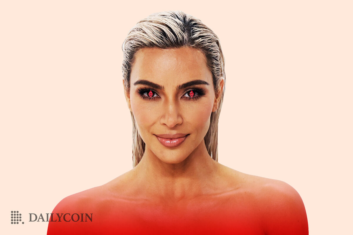 Kim Kardashian with EthereumMax logo on eyes.