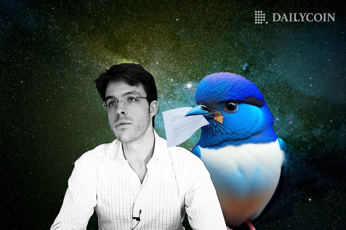 Three Arrows Capital co-founder Kyle Davies looking the other way as a big blue bird is trying to hand him the subpoena.