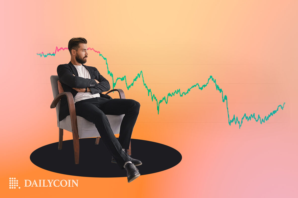a person sitting on a chair with a bored expression with a XRP chart in a declining trend in the background.