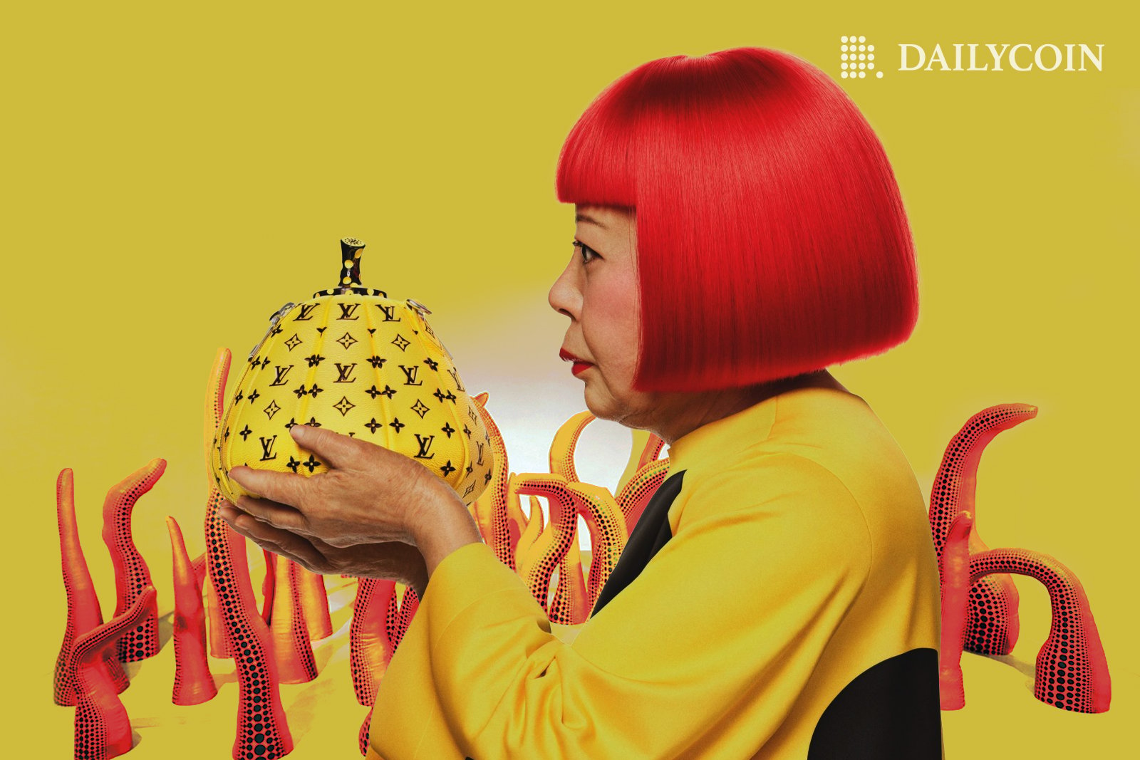 Yayoi Kusama holding a yellow polkadot pumpkin NFT.