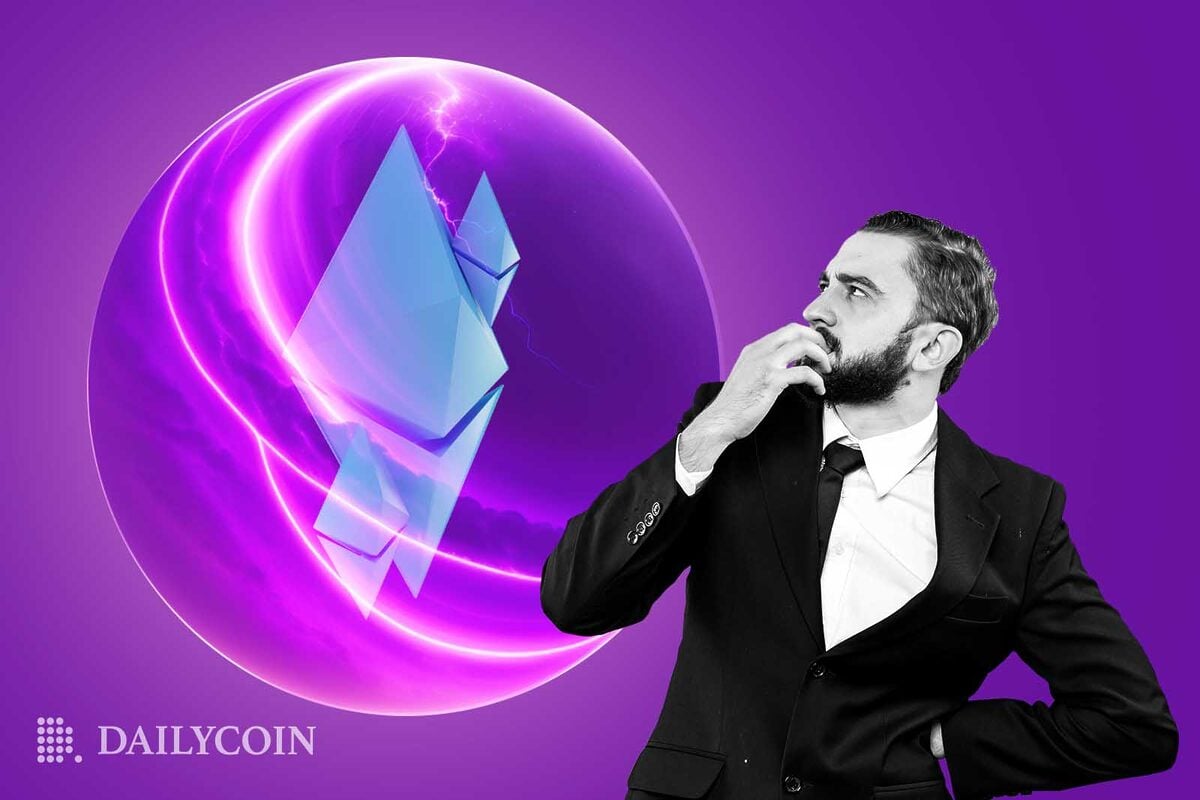 A man carefully looking at Ethereum logo inside of a bubbl;e.