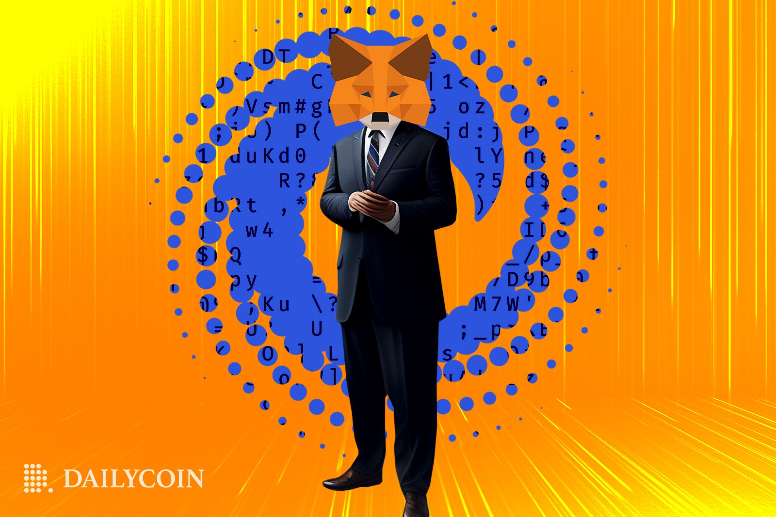 The MetaMask fox mascot in a suit standing in orange background ready to code.