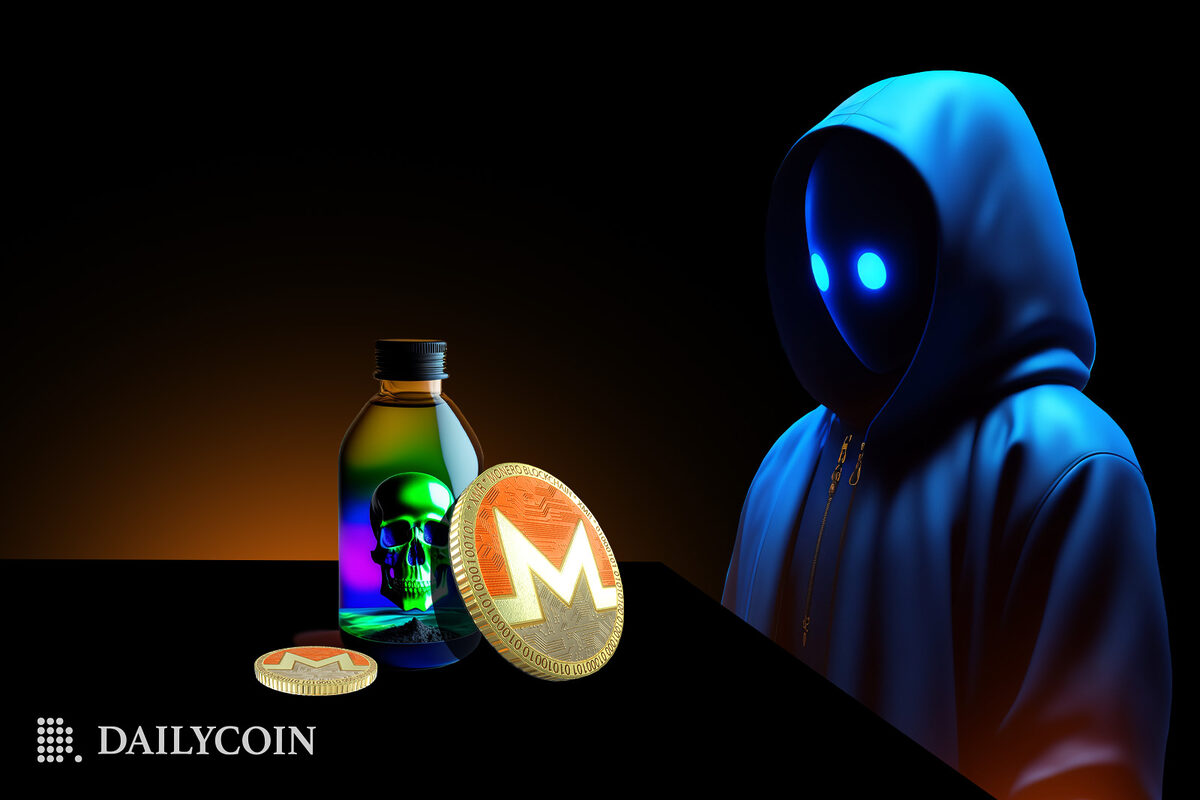 dark shady character looks at the bottle of poison behind monero coin
