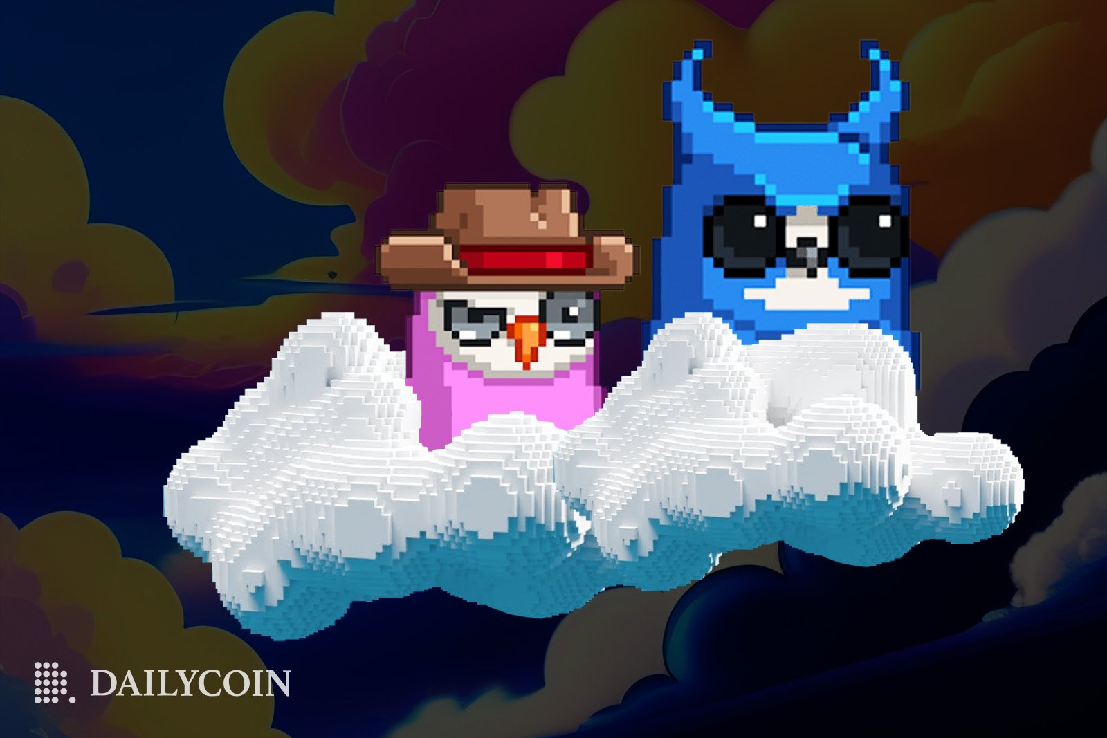 Two Moonbirds on a voxel cloud floating in the sky