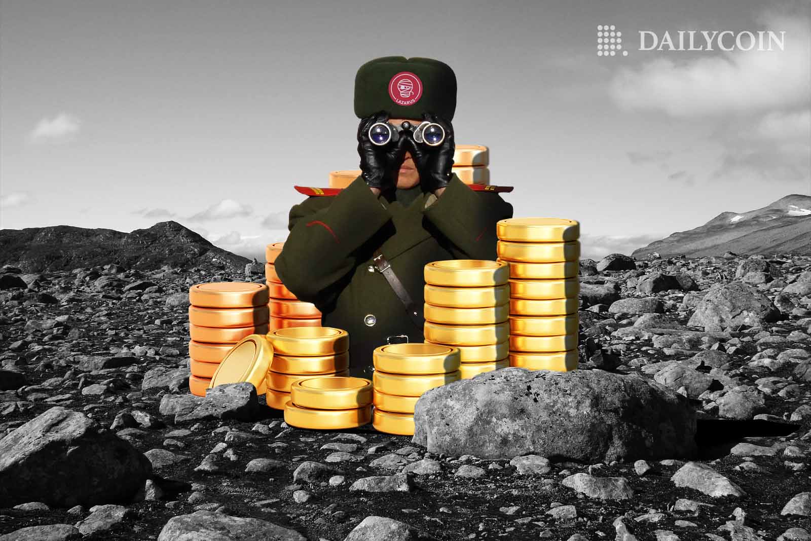A North Korean soldier in a uniform looking through binoculars with stacks of coins around him.