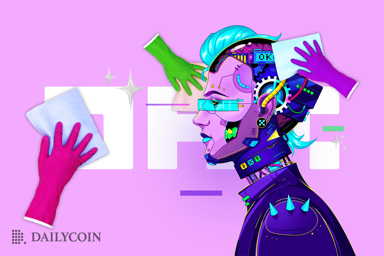 Purple robot in front of OKX logo next to flying colorful hands holding tiny pieces of paper.