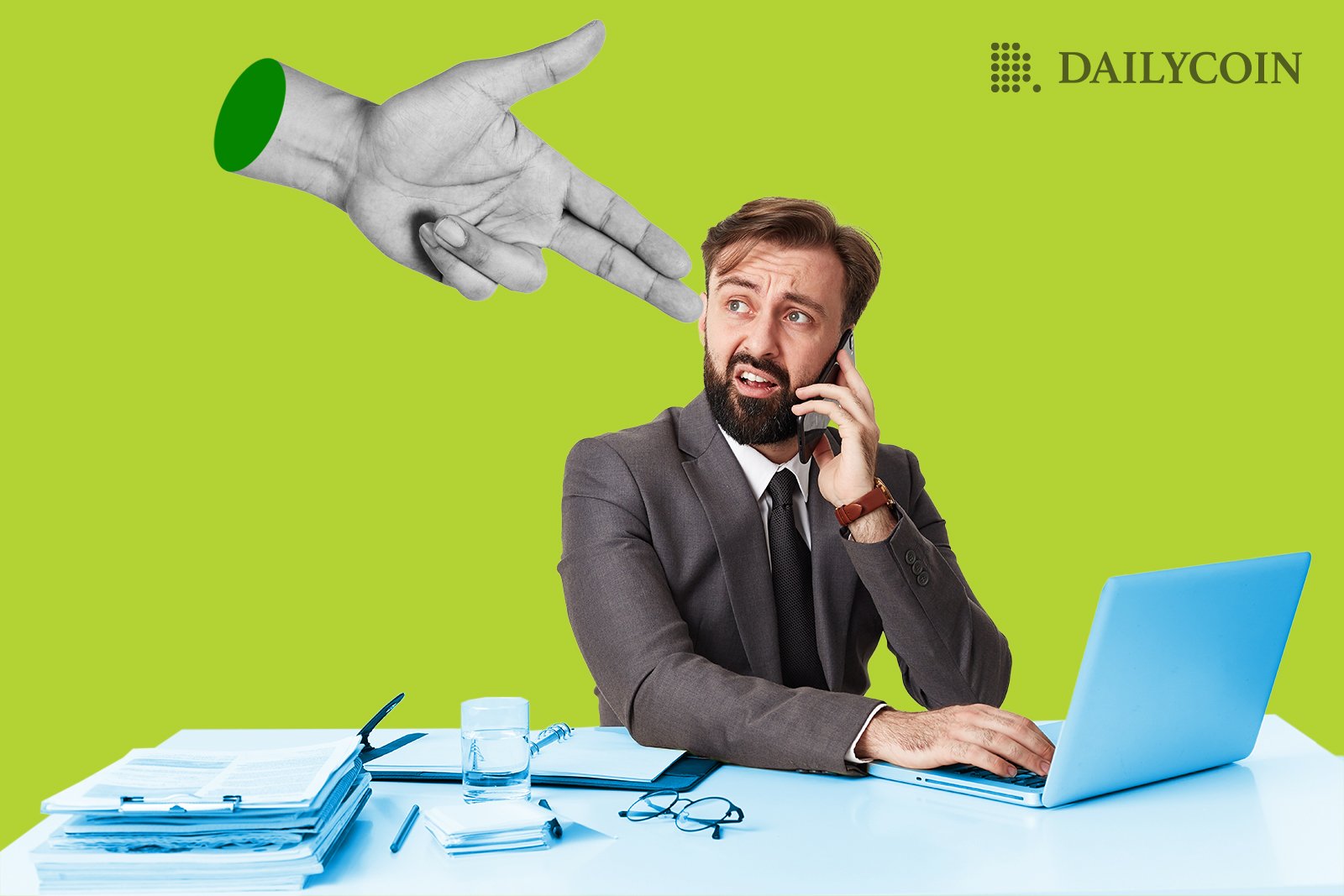 A busy person sitting at their desk using a laptop and cellphone with a confused look on their face, while a large hand with a finger gun gesture points towards him.