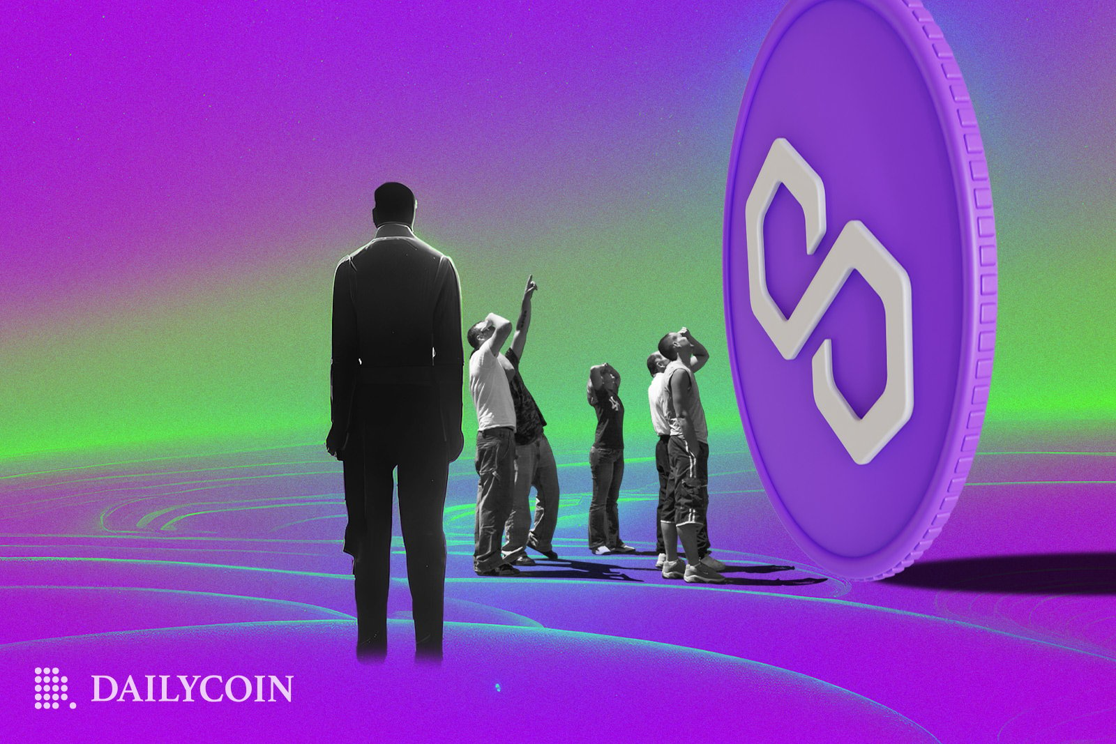 A bunch of people looking up at a large purple coin