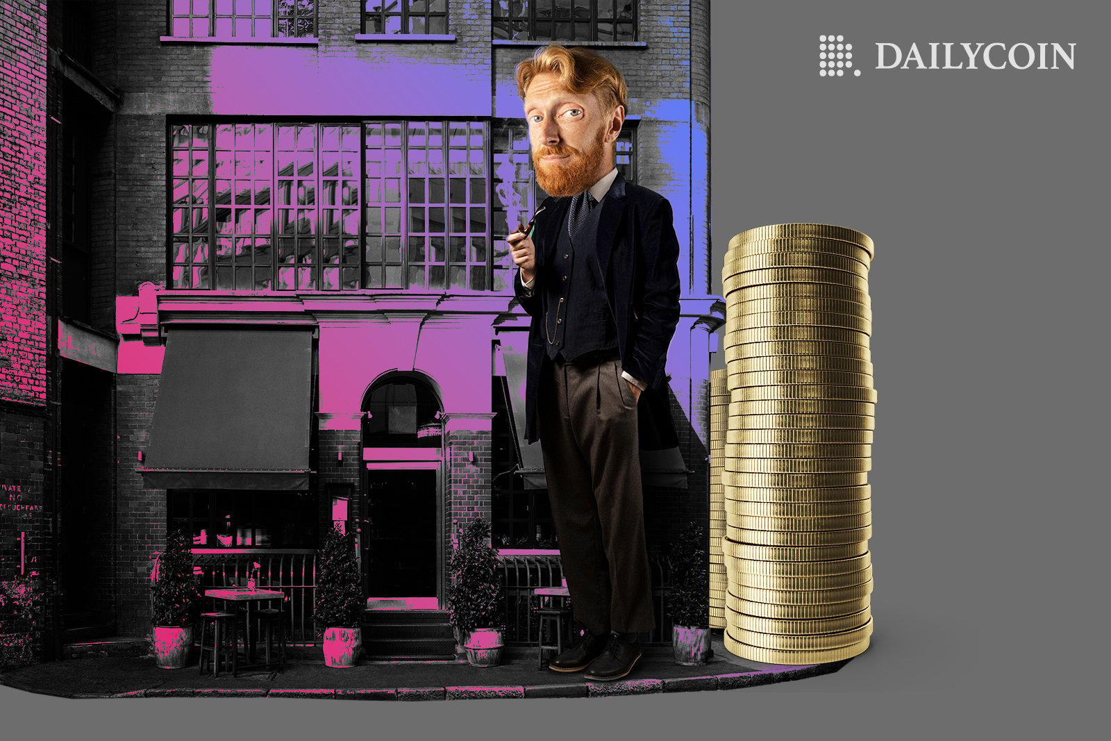 Man standing next to a computer and a stack of altcoins.