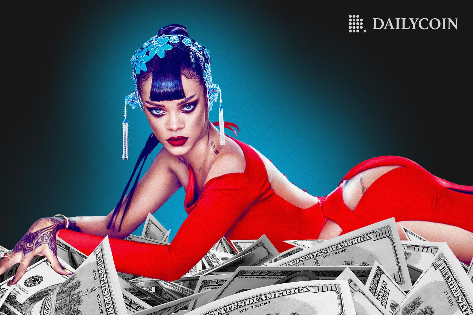 Singer Rihanna in a red dress laying on top of dollar bills.