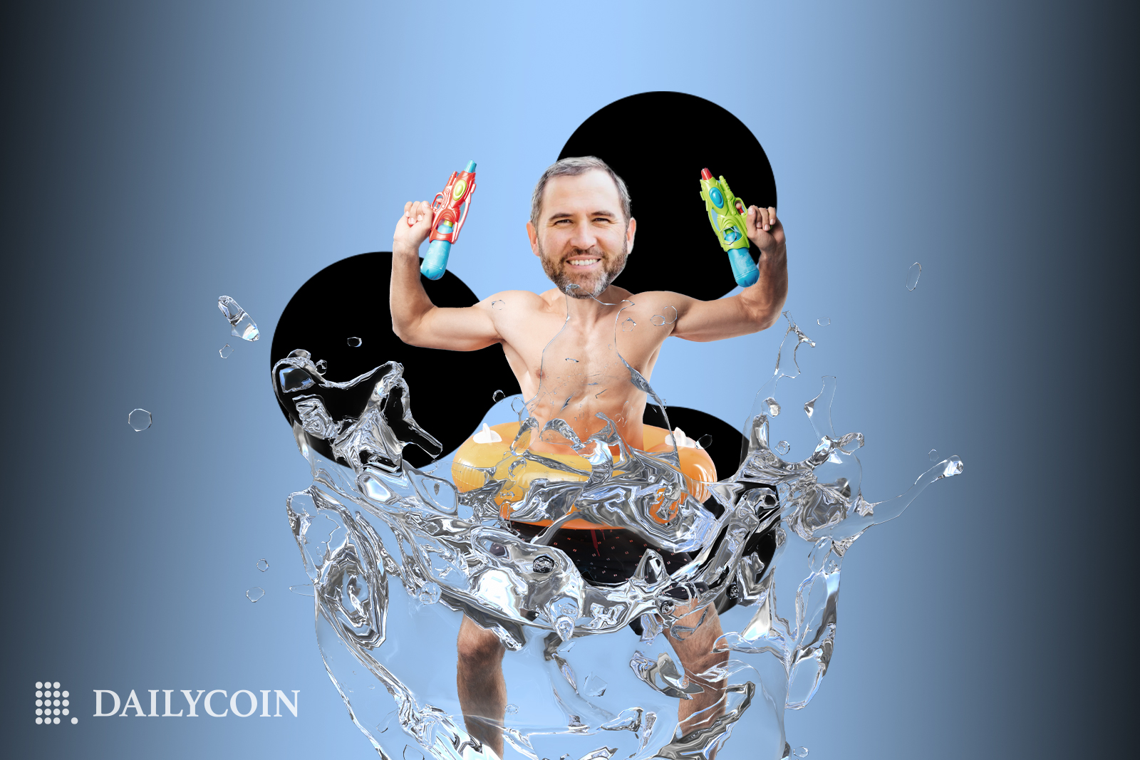 Brad Garlinghouse holding 2 water guns while wearing a ring floaty in front of the Ripple Labs logo