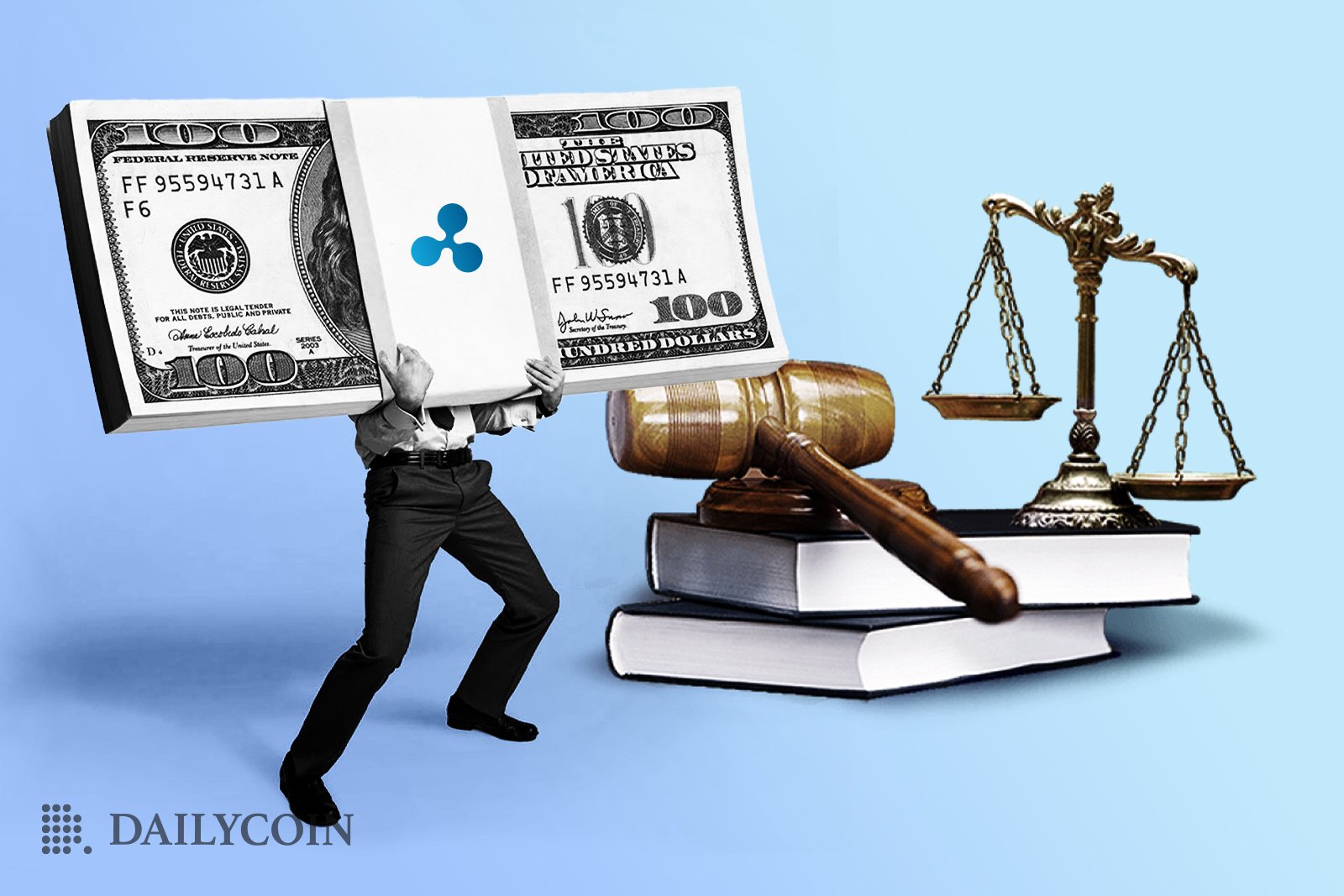 A person carrying a wad of cash with a Ripple logo strap holding it together, carrying it toward a gable and scales of justice