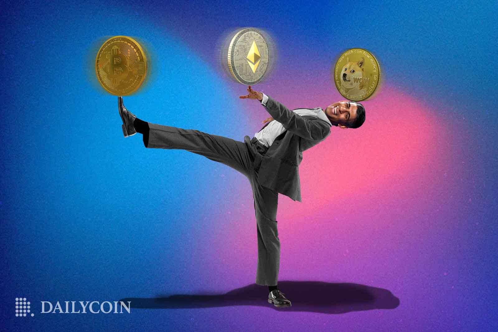 UK Prime Minister Rishi Sunak kicking his right leg into the air while balancing cryptocurrencies on his head, outstretch left hand and right foot