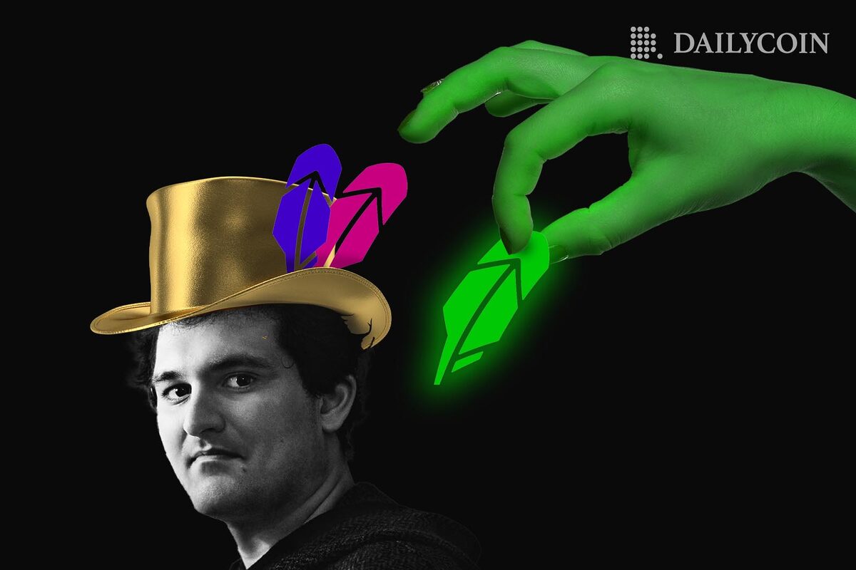 Sam Bankman Fried wearing a golden hat with the Robinhood feather logo being plucked off the brim by a giant green hand