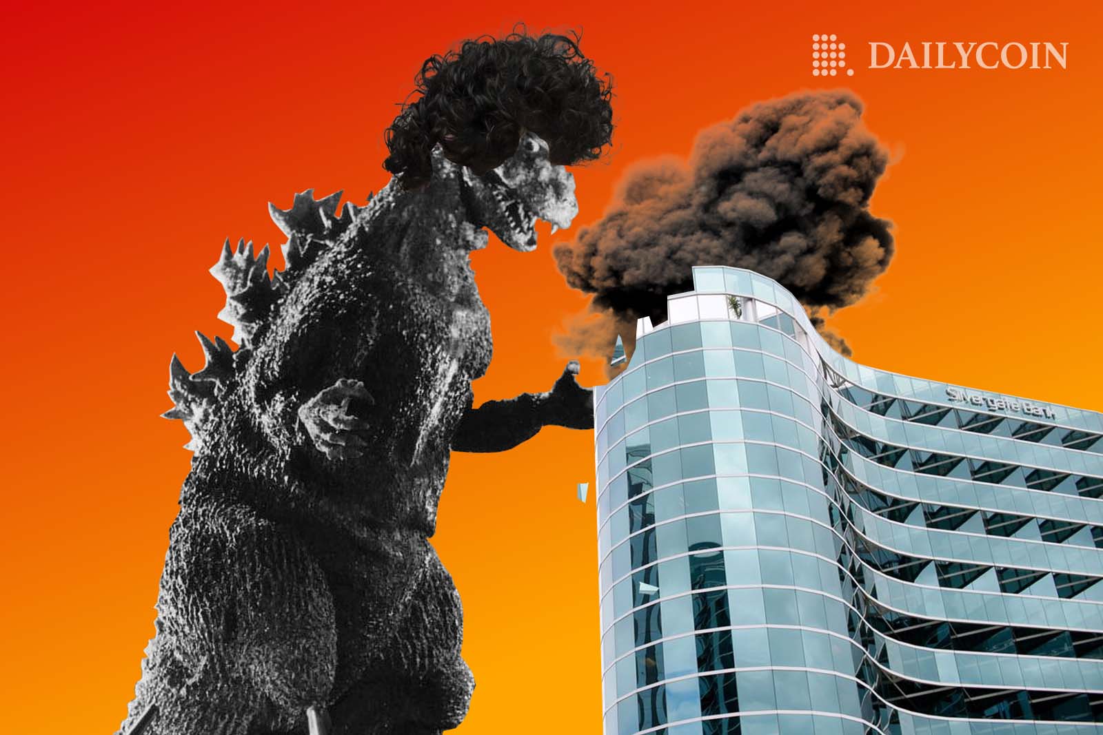 A godzilla with human hair in front of a bank