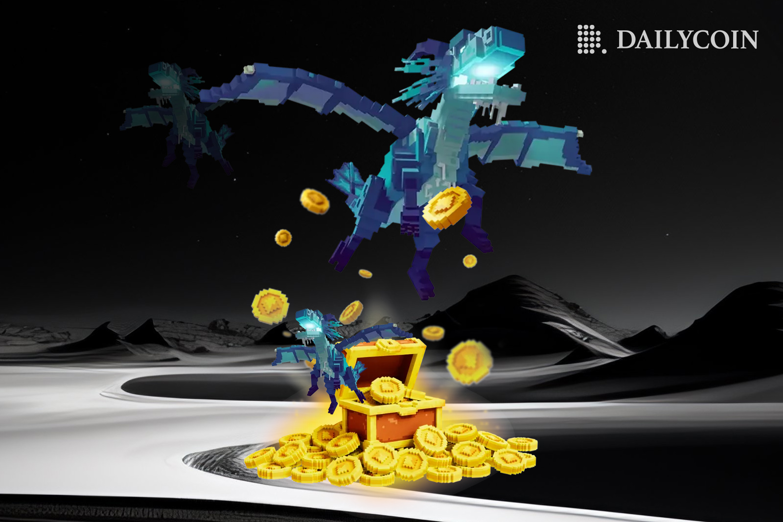 A cartoon blue dragon flying over a chest of crypto coins inside of Metaverse.