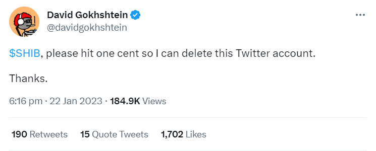 Gokhshtein tweet that says he'll delete his twitter account if SHIB hits $0.01
