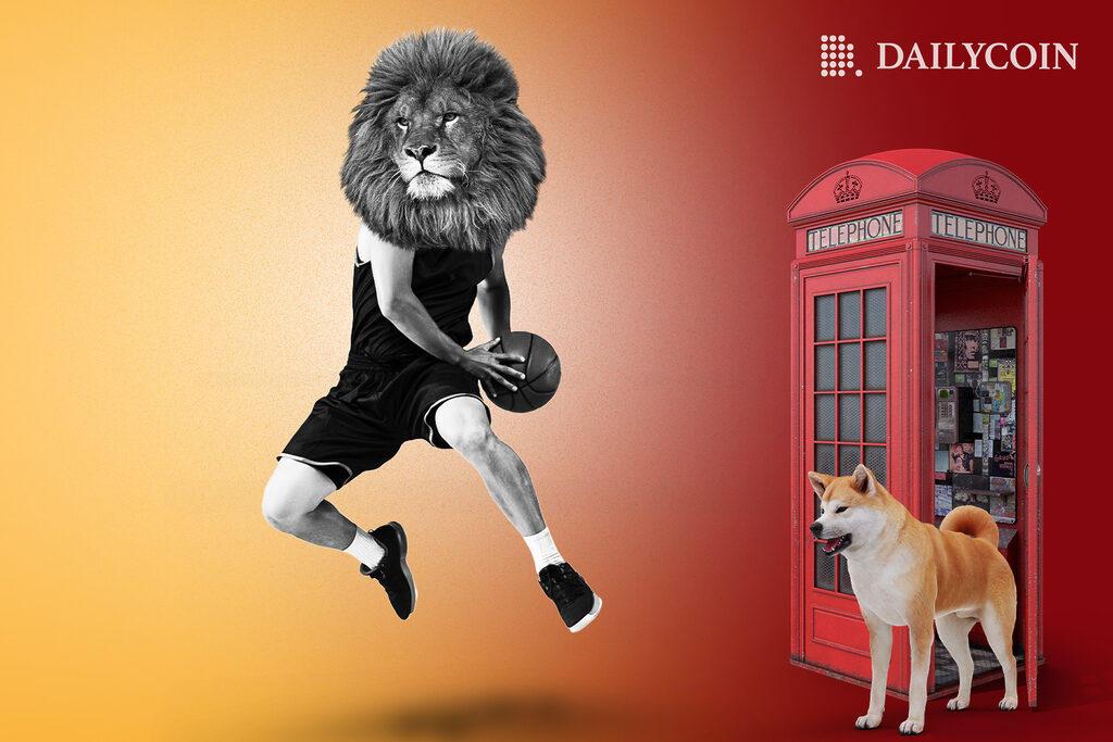 Lion doing lay-up with a basketball in hands, as Shiba Inu dog cheers for him near a red telephone box.