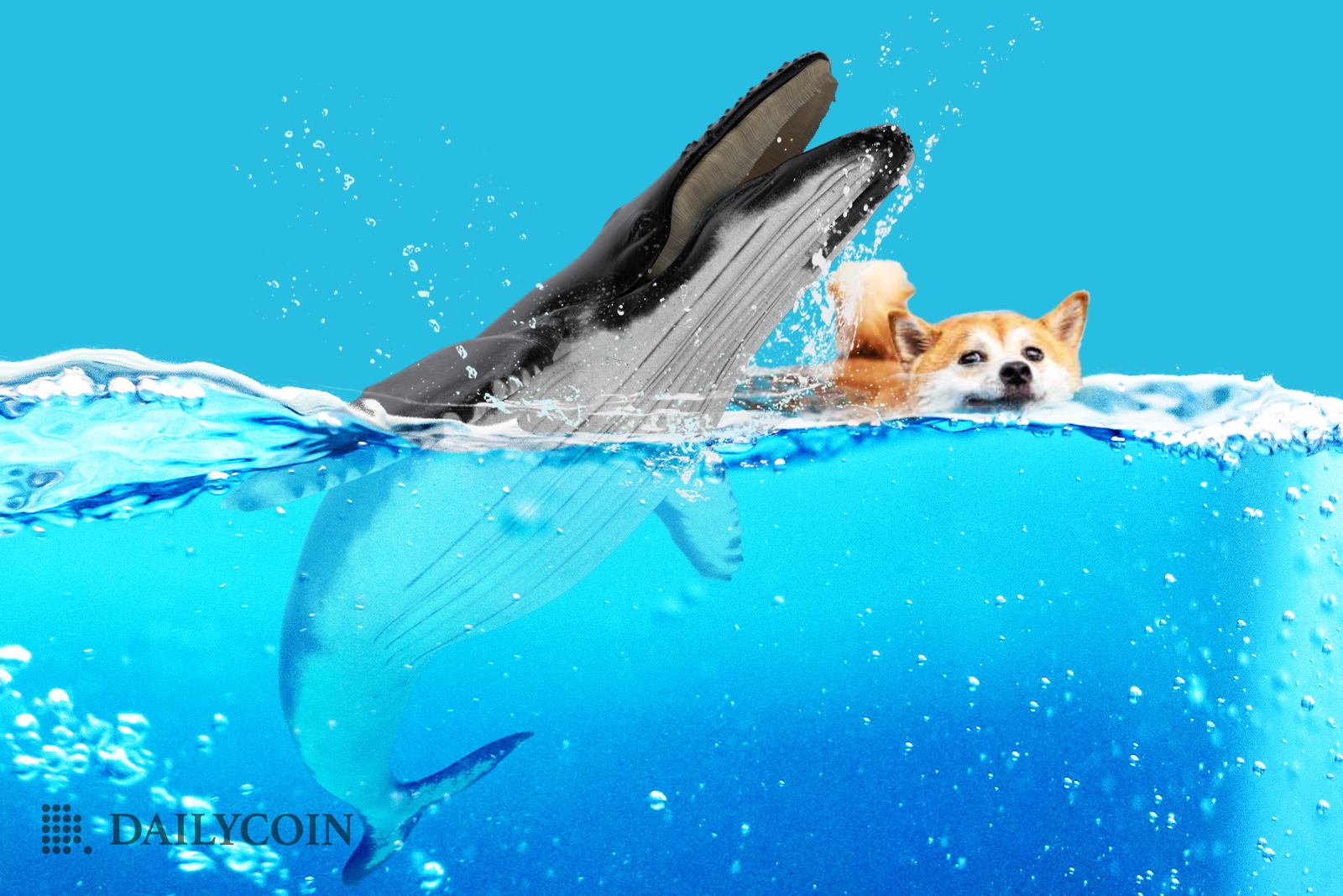 A whale splashing in the crystal clear water, trying to catch the swimming Shiba Inu.