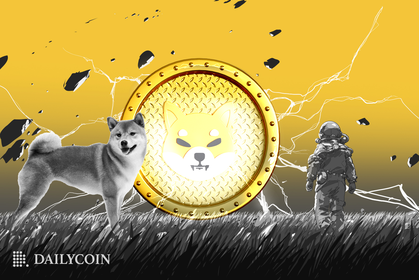Shiba Inu dog smiling in front of a large golden SHIB coin in a cracked yellow background.
