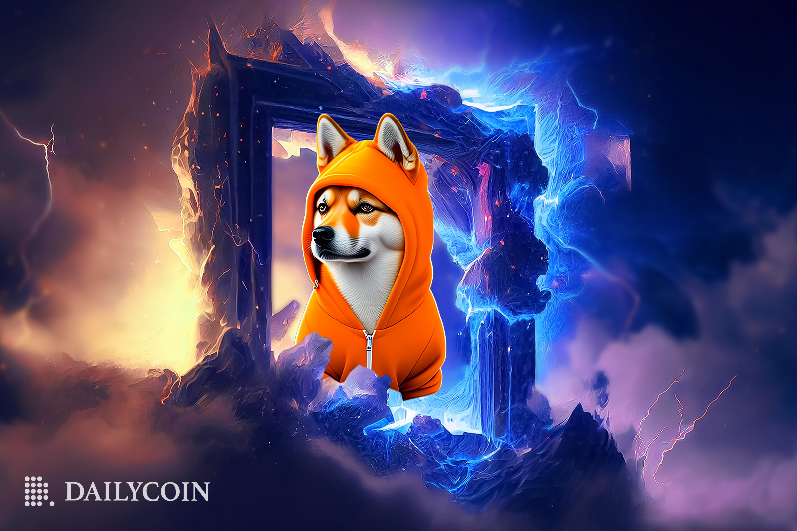 Shiba Inu dog in an orange hoodie looking through a frame in the skies, ready to invite people to Shibarium.