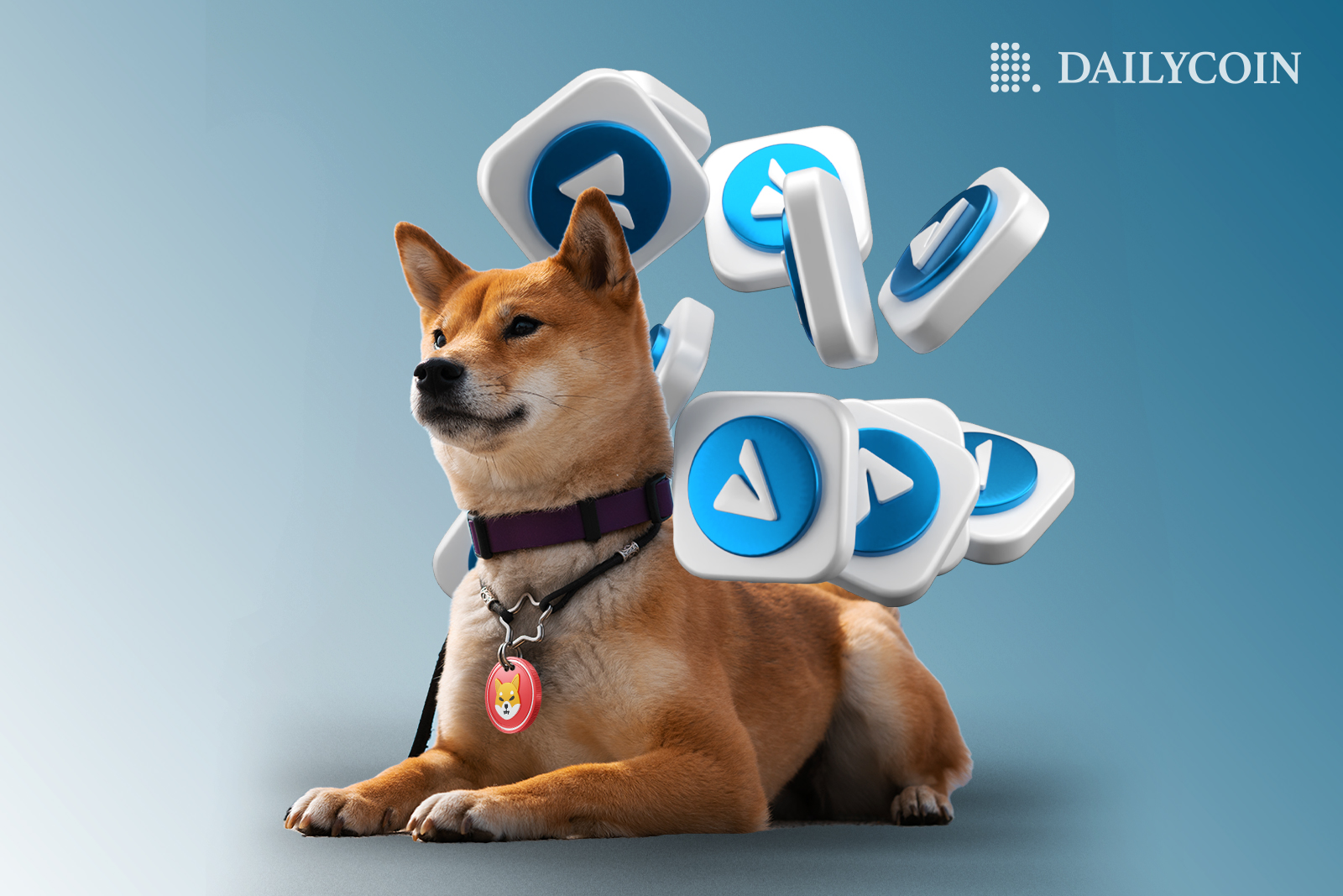 Shiba Inu dog with a Shiba Inu pendant on all fours as 7 Telegram app icons float around.
