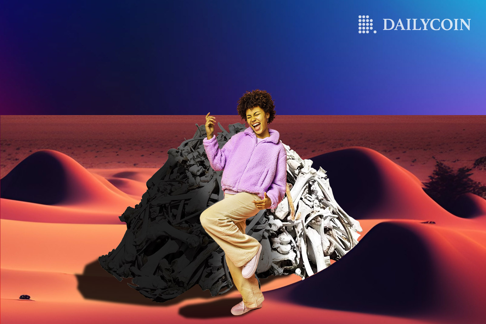 A man dancing in front of a pile of bones in the middle of the desert.