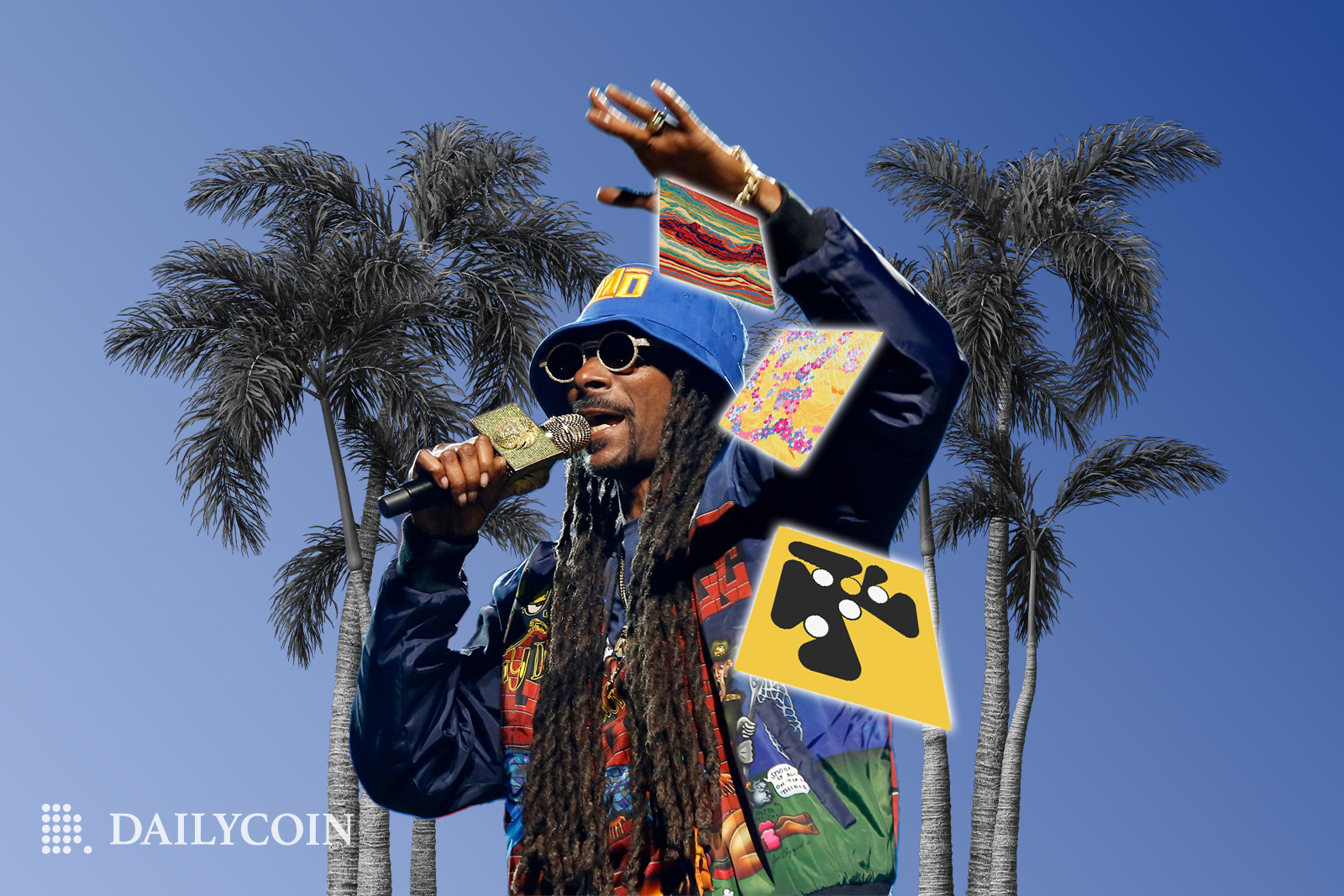 Rapper Snoop Dogg in a blue bucket hat, singing with a microphone and handing out free NFTs in palm tree background.