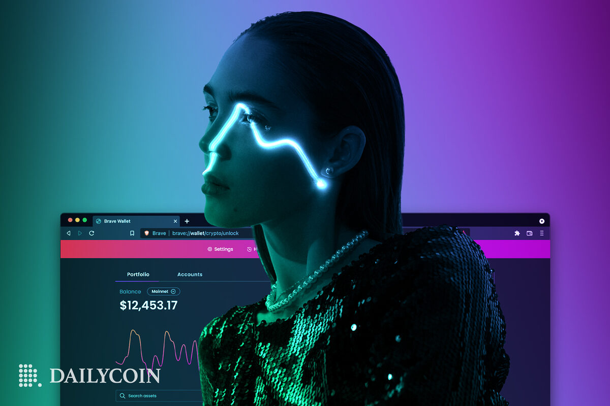 Solana joins Brave browser woman with neon chart across her face and Brave browser in the background
